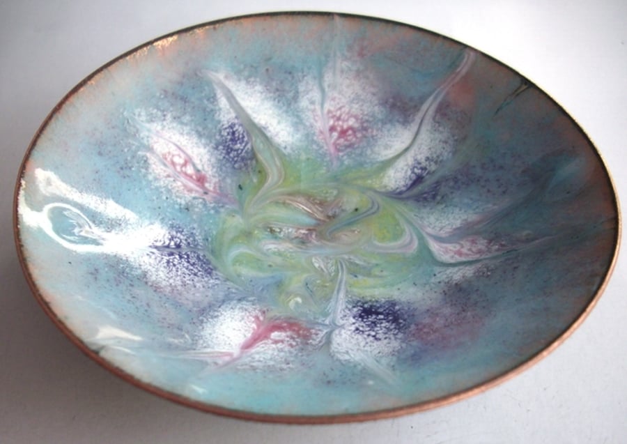 Enamel dish - green, gold, white, orchid, purple on turquoise over clear enamel