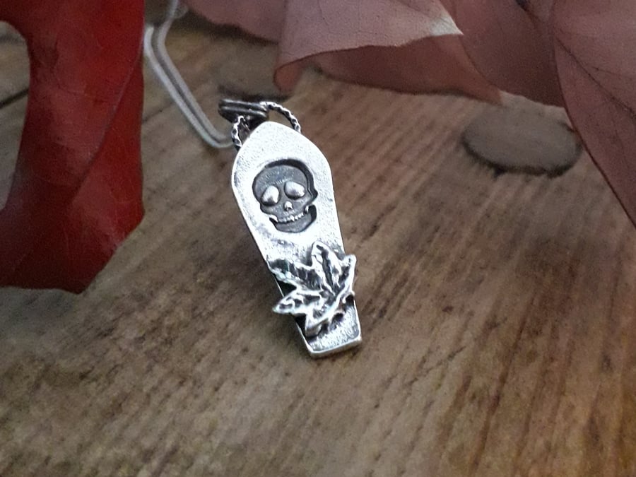 Maple leave coffin necklace, Halloween, autumn, quirky silver jewellery 