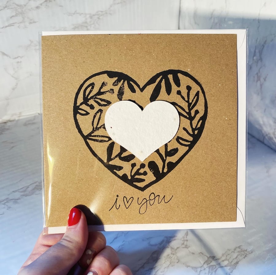 Handprinted Lino Love Heart Wildflower Seed Card - Black