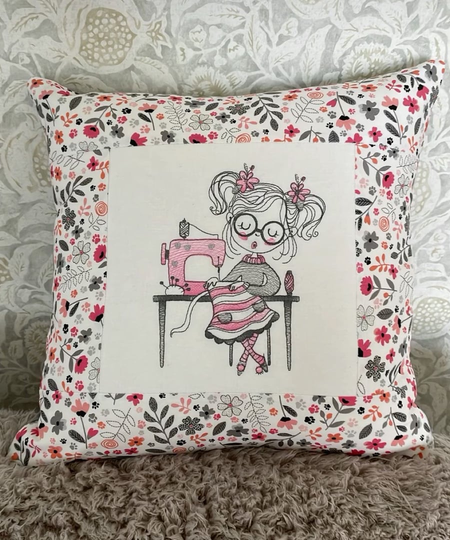 Handmade Embroidered Cushion with Girl on Sewing Machine Motif