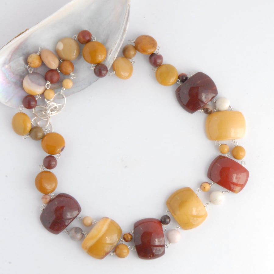SALE - Yellow and maroon mookaite beaded necklace