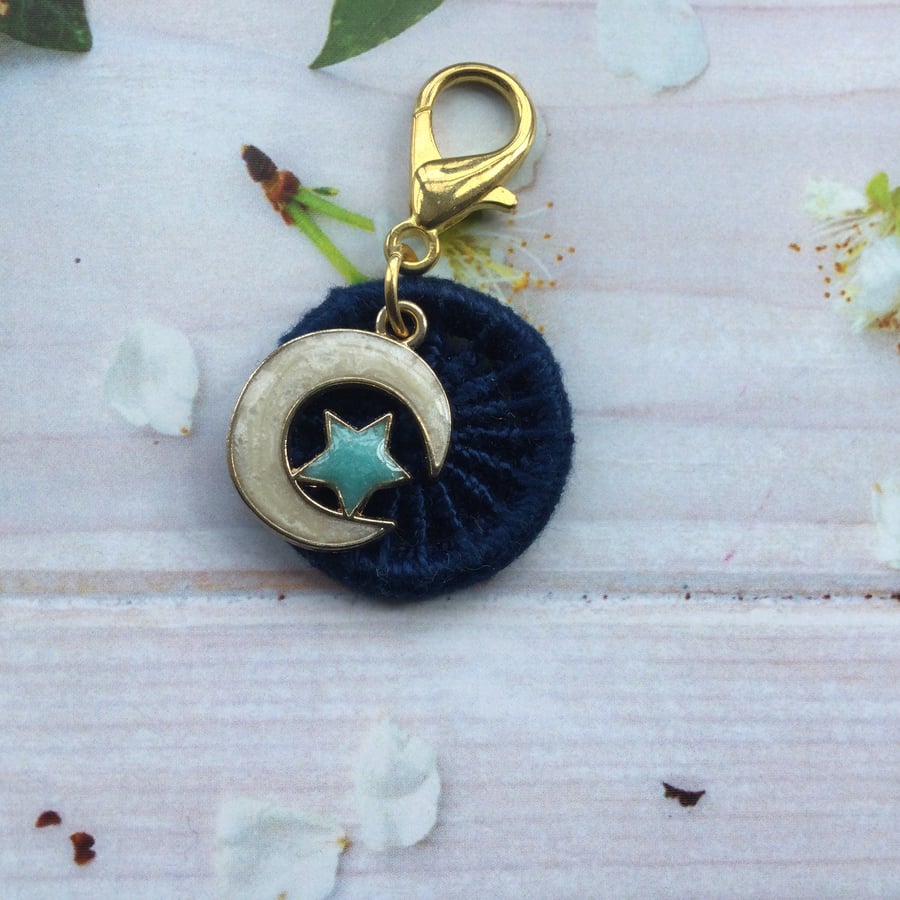 A Charm for Journal or Bag with a dark blue Dorset Button and Moon and Star