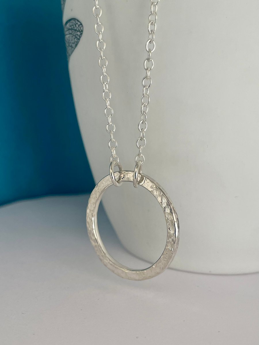 Sterling Silver Circle Necklace Hammered-Sparkly Lengths 16-24 Inches