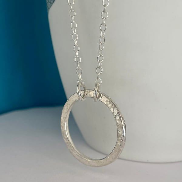 Sterling Silver Circle Necklace Hammered-Sparkly Lengths 16-24 Inches