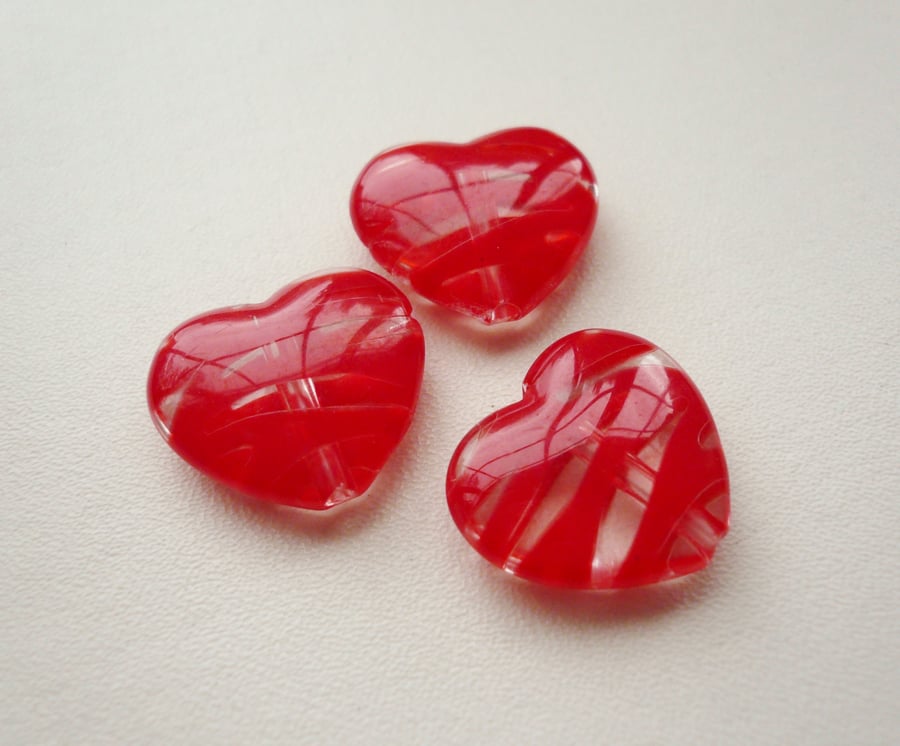 3 Clear and Red Striped Flat Heart Beads
