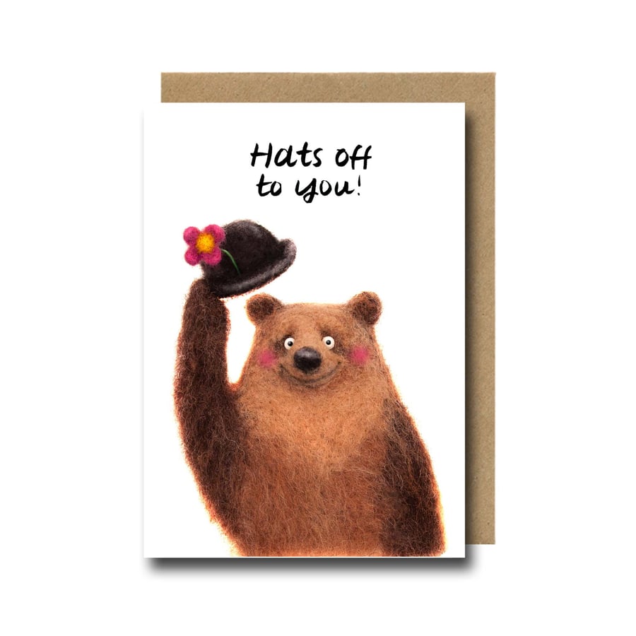 Congratulations Card – Funny Needle Felted Bear Art Celebration Print