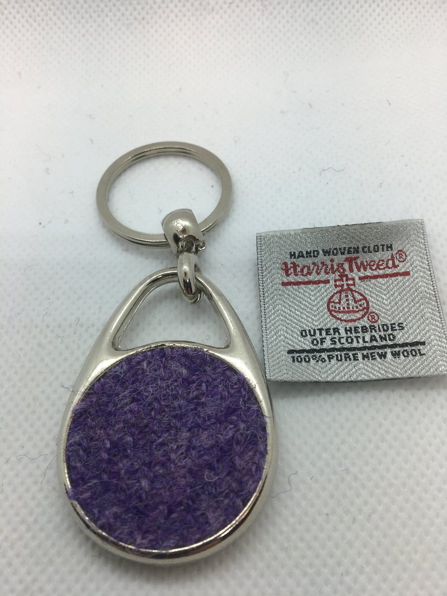 Lilac coloured pear shaped Harris tweed metal key ring 