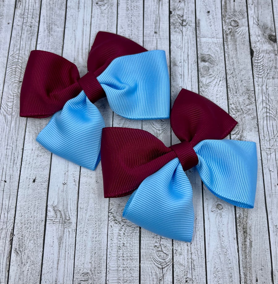 School Wine and Light Blue Two Tone Double with Bows on Clips (pair)