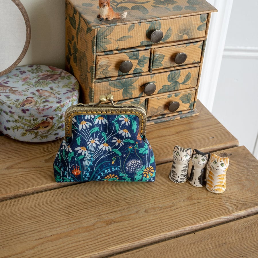 Coin purse made with Alpine Pasture print Liberty Tana Lawn and golden lining