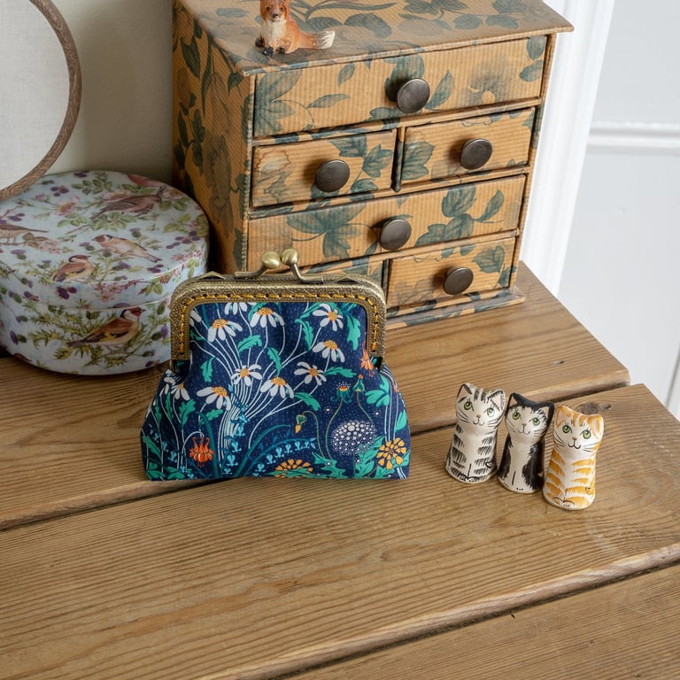 Coin purse made with Alpine Pasture print Liberty Tana Lawn and golden lining