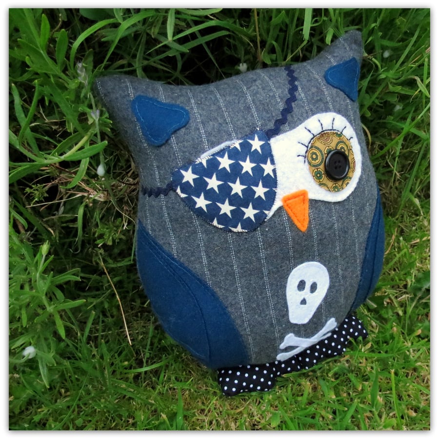 A pinstripe pirate owl cushion. 25cm tall. ( 10 inches ) Owl pillow.