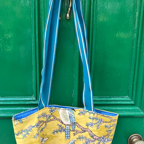 Lined shoulder bag, Bird & butterfly design in yellow, blues and beige 