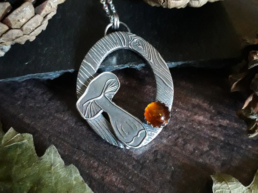 Boletus Mushroom Pendant with Amber, Forest Fairy, Woodland, Autumn,