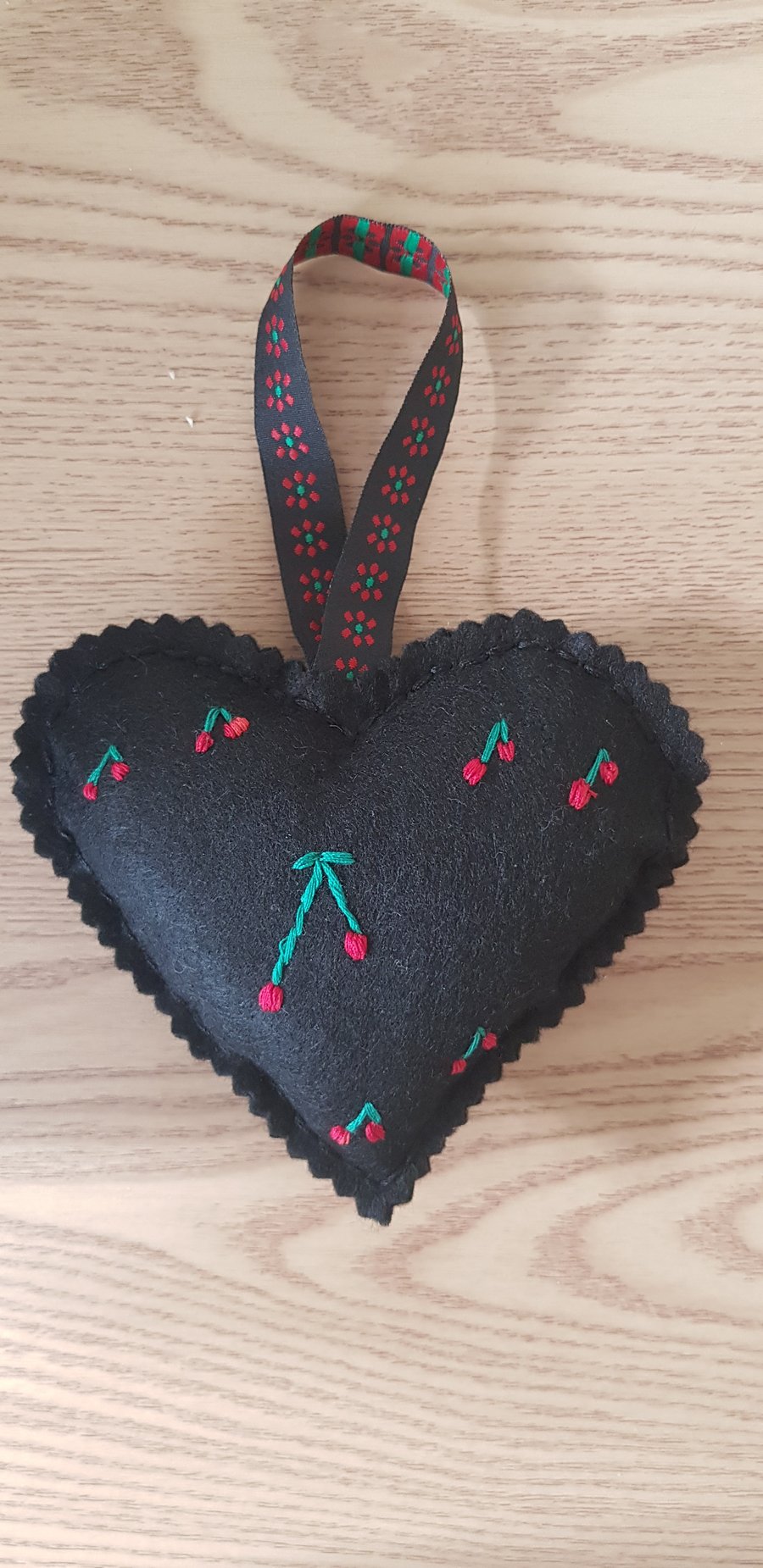 Cherry embroidered felt heart