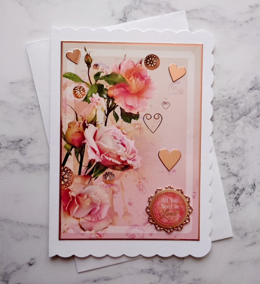 All You Need Is Love Vintage Rose Gold 3D Luxury Handmade Card