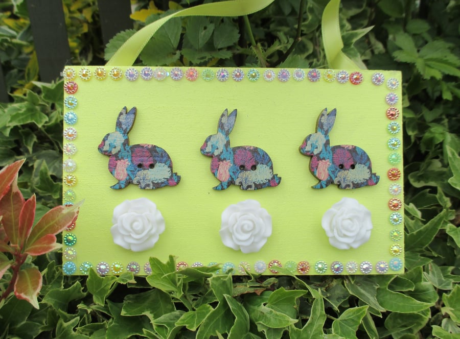 Bunny Rabbit Button Wooden Hanging Decoration Lime Green White Rose Flowers