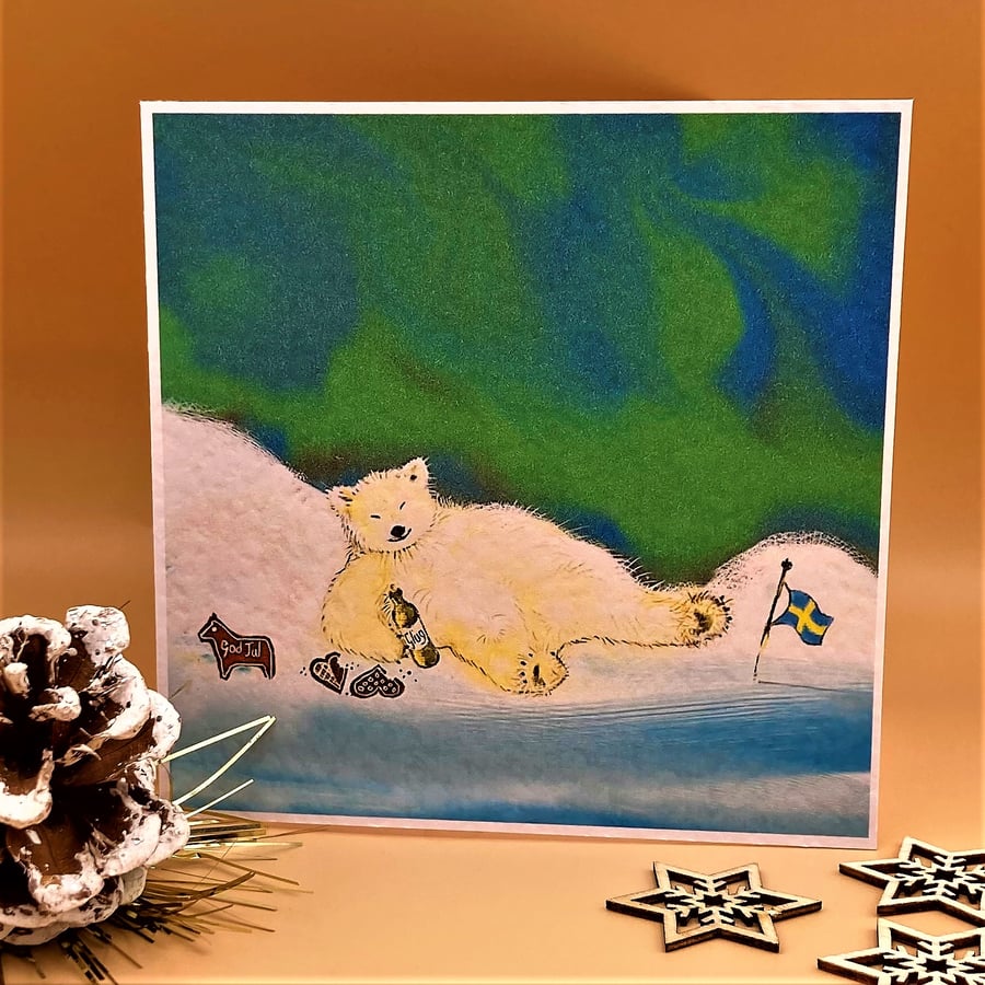 Christmas card, Polar Bear with Northern Lights. Scandinavian Christmas theme.