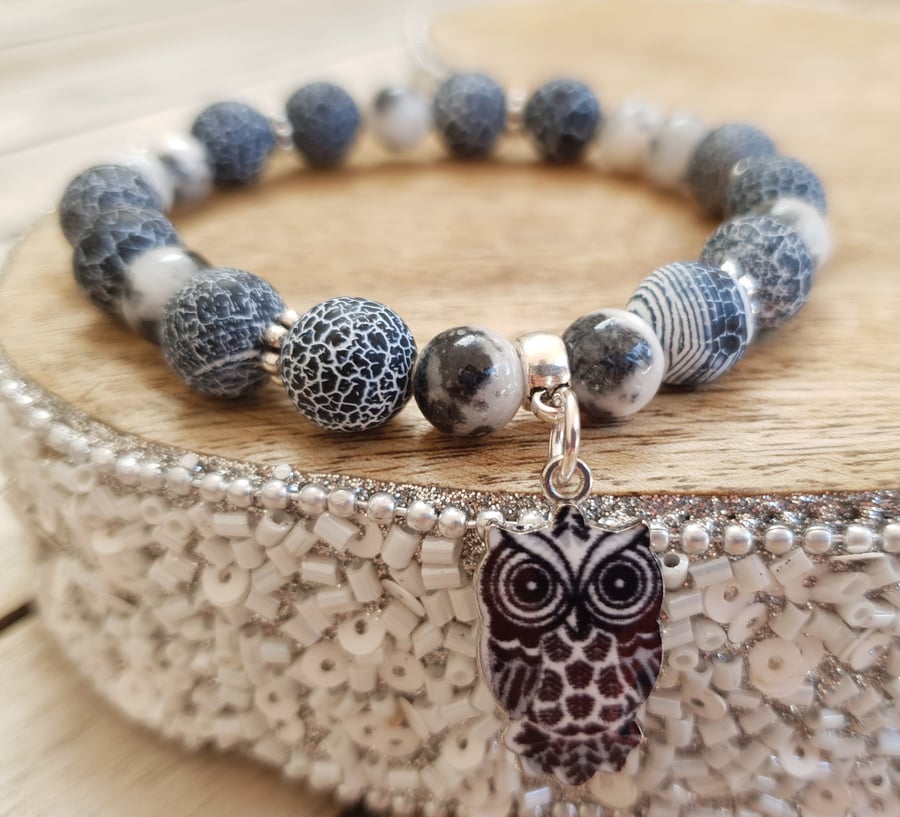 Elasticated Bracelet - Monochrome Agate & Jade Semi Precious Mix With Owl Charm