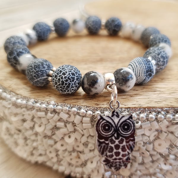 Elasticated Bracelet - Monochrome Agate & Jade Semi Precious Mix With Owl Charm