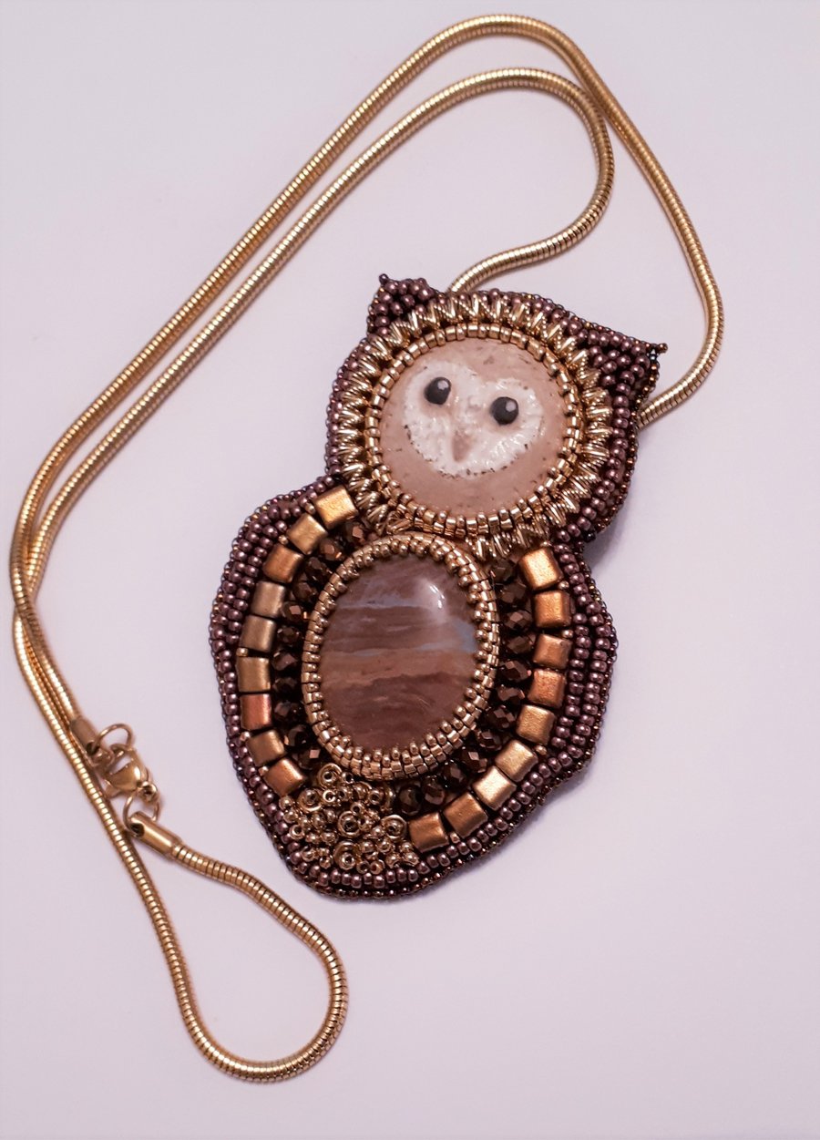 Bead embroidered owl convertible brooch or pendant with gold chain