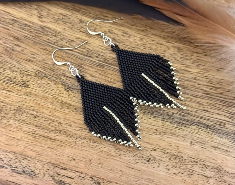 Shiny black and silver mini fringe beadwork feather style earrings