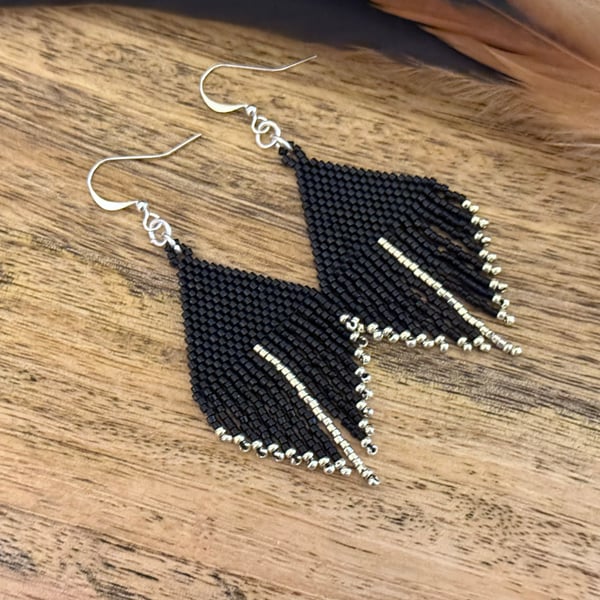 Shiny black and silver mini fringe beadwork feather style earrings