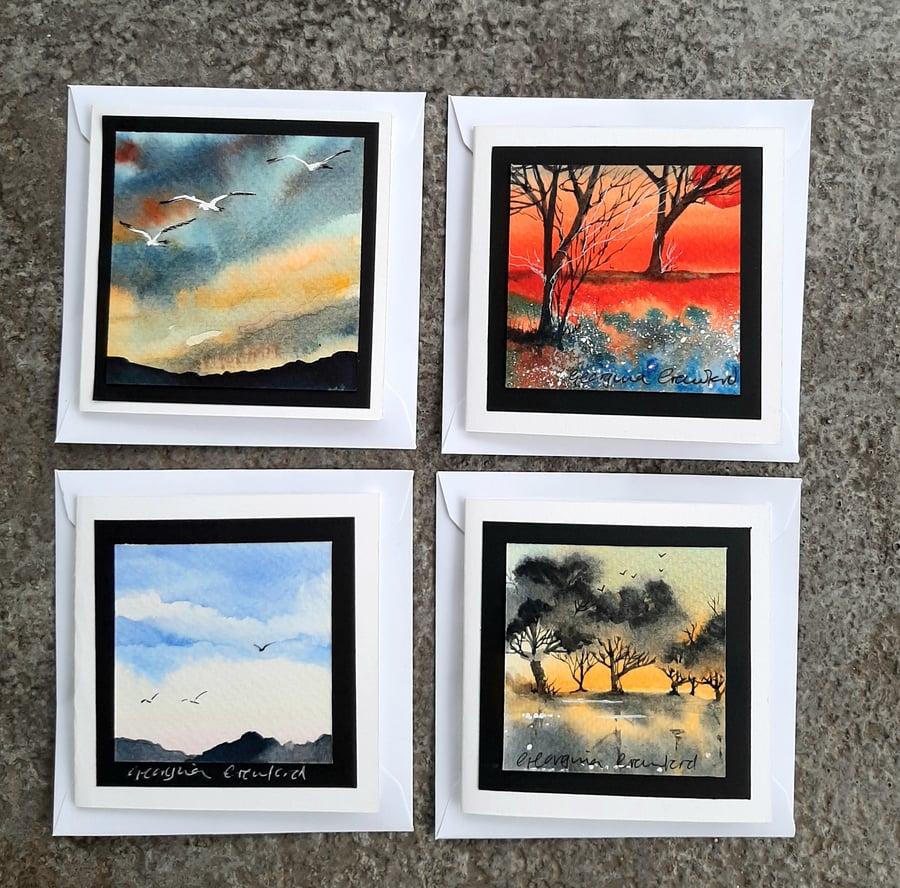 Handpainted Blank Mini 4-Card Bundle. Any Occasion Cards Sunsets and Birds