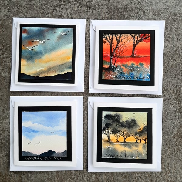 Handpainted Blank Mini 4-Card Bundle. Any Occasion Cards Sunsets and Birds