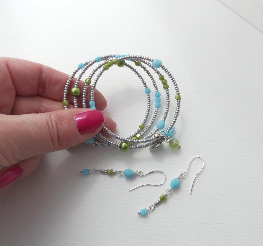 Beaded Turquoise and Lime green Bangle & Earrings