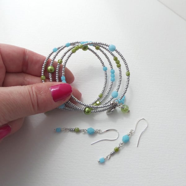 Beaded Turquoise and Lime green Bangle & Earrings