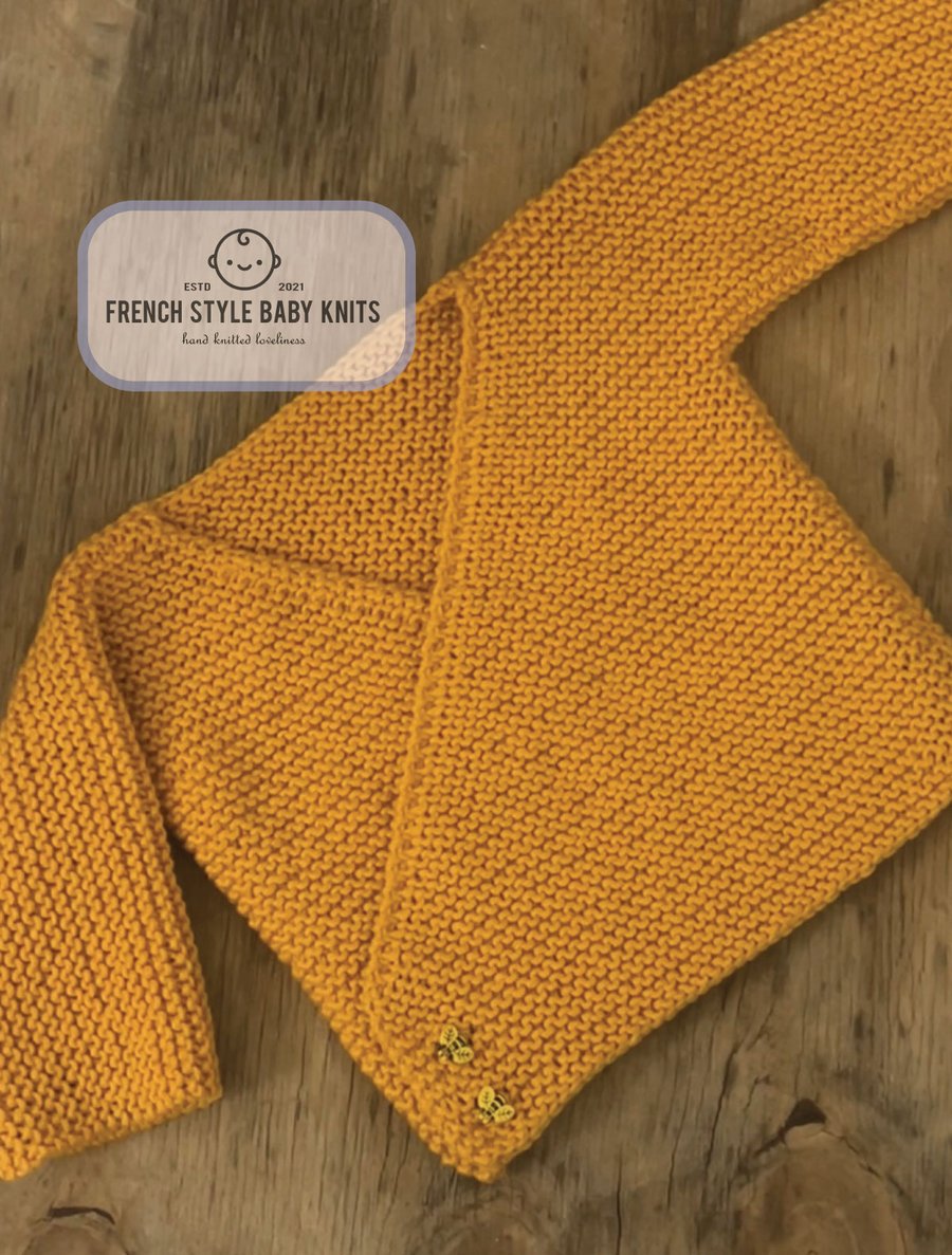HAND KNITTED French Style Wrap Over Baby's Cardigan 0-3 months in Mustard Ochre 