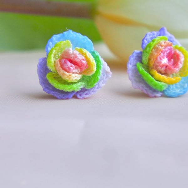 Microcrochet Rainbow Rose Stud Earrings 