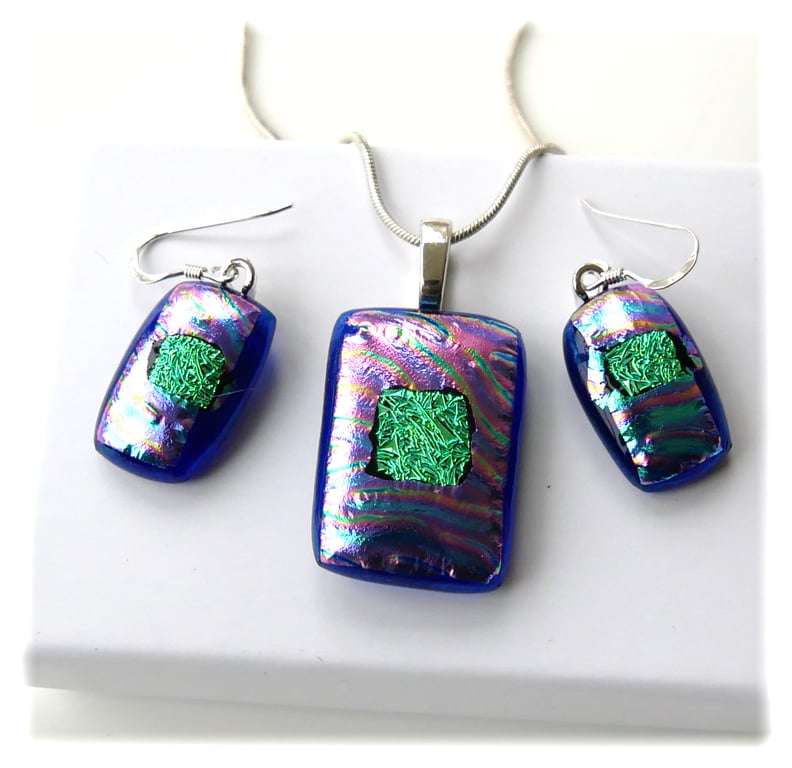 Dichroic Glass Pendant Earring Set 107 Lilac Green with silver plated chain