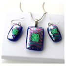 Dichroic Glass Pendant Earring Set 107 Lilac Green with silver plated chain
