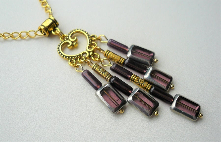 Purple Glass and Gold Plated Tube Bead Cluster Necklace   KCJ2057