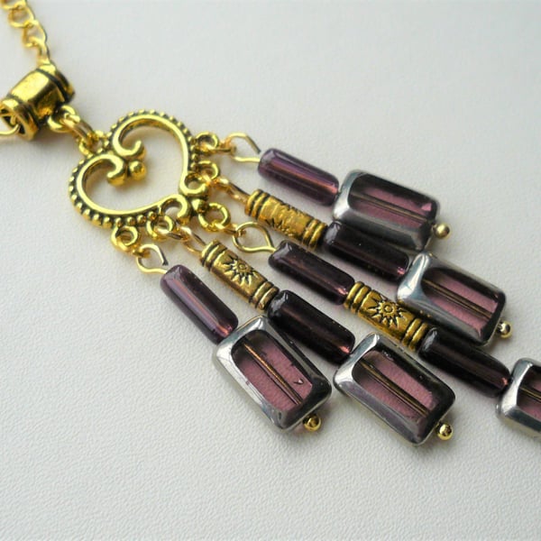 Purple Glass and Gold Plated Tube Bead Cluster Necklace   KCJ2057