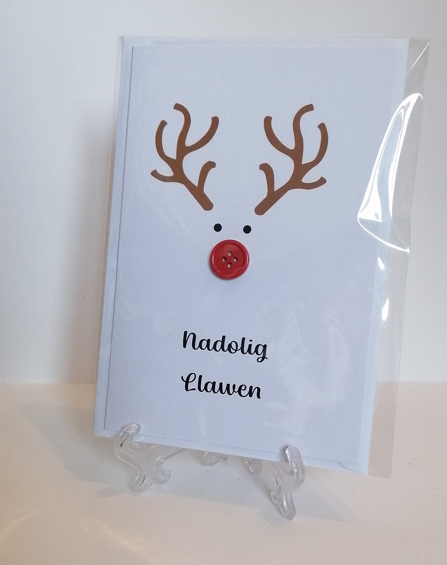 Nadolig Llawen (Merry Christmas) card with a red nose button reindeer 