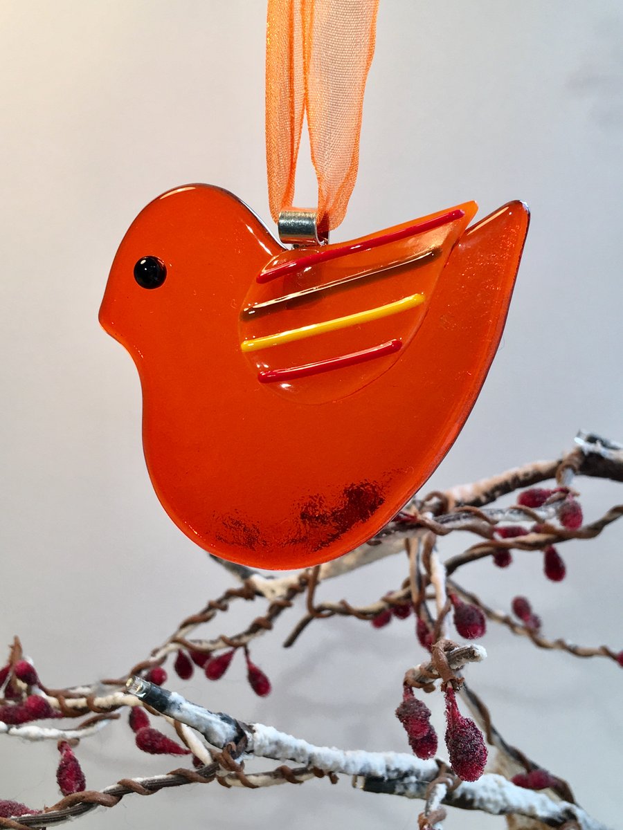 Orange Fused Glass Bird Christmas Decoration with Striped Wing