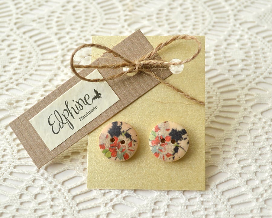 Button Earrings with Red & Navy Floral Design