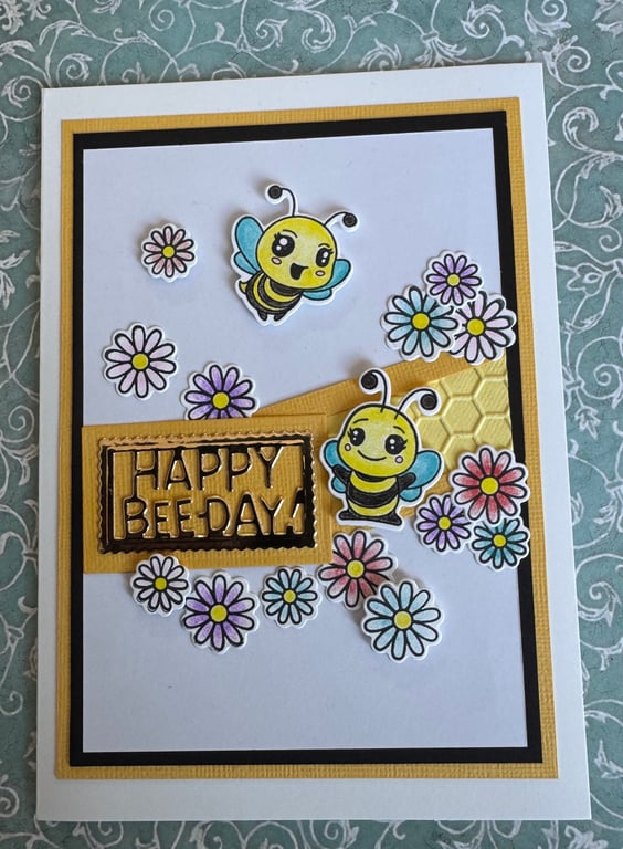 Handmade "Happy Bee-Day" Cute Honeybee and Flowers Birthday Card