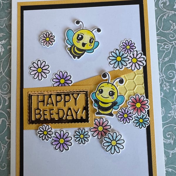 Handmade "Happy Bee-Day" Cute Honeybee and Flowers Birthday Card