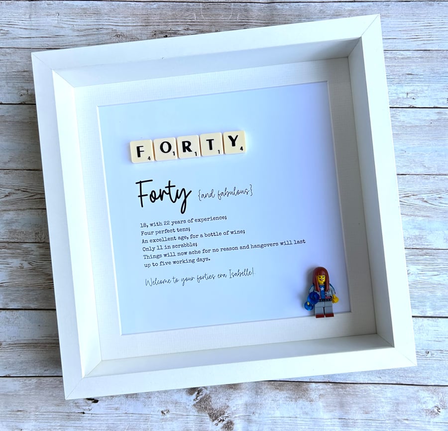 Forty 40th Birthday Scrabble Minifigures Frame Personalised 