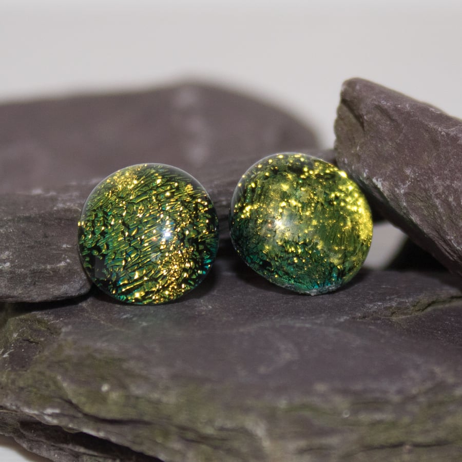 Lime Green Dichroic Glass Earrings on Sterling Silver Studs