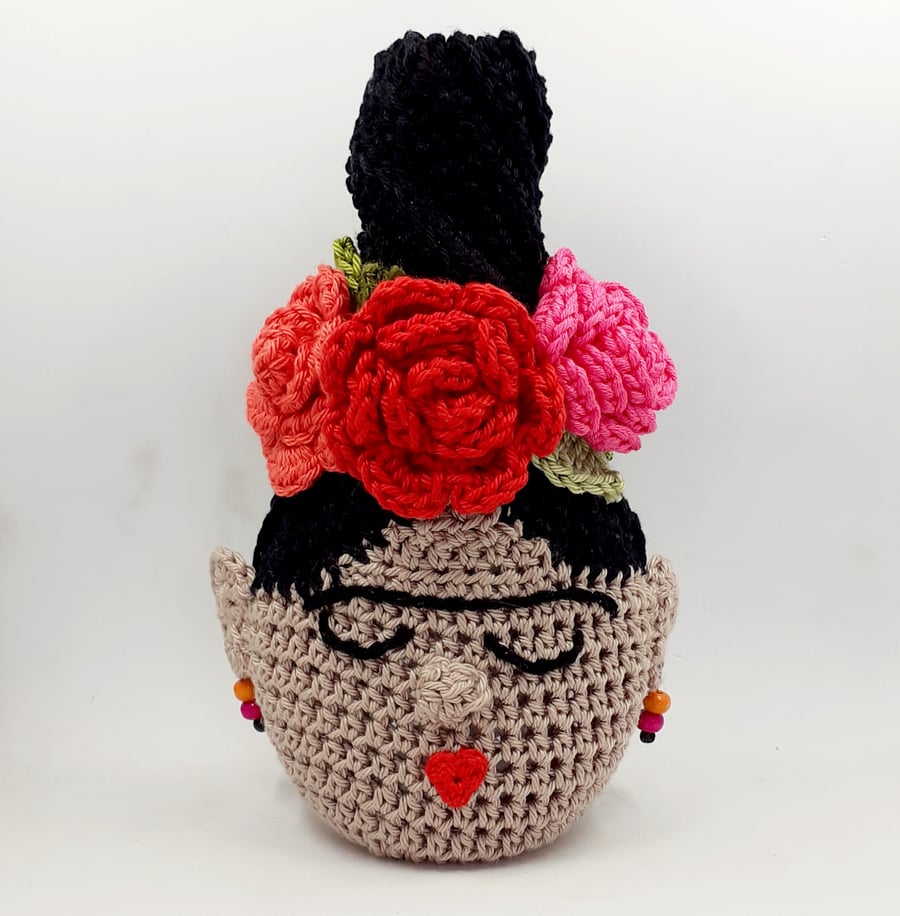 Crochet Covered Mini  Bottle 'Head Vase'.  Frida Kahlo 