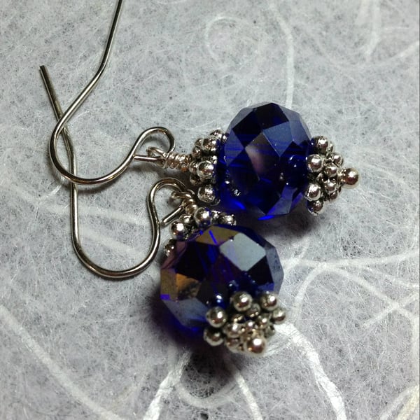 Tibetan Silver & Ultramarine Crystal Single Bead Drop Earrings
