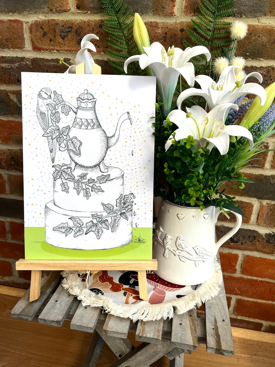 Illustration print - Blue Tit Ivy Cake