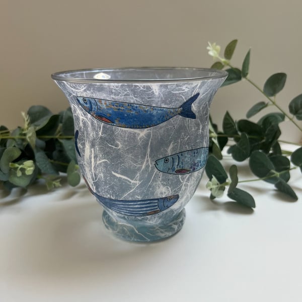 Decoupage Glass Hurricane Vase: Fish Upcycled