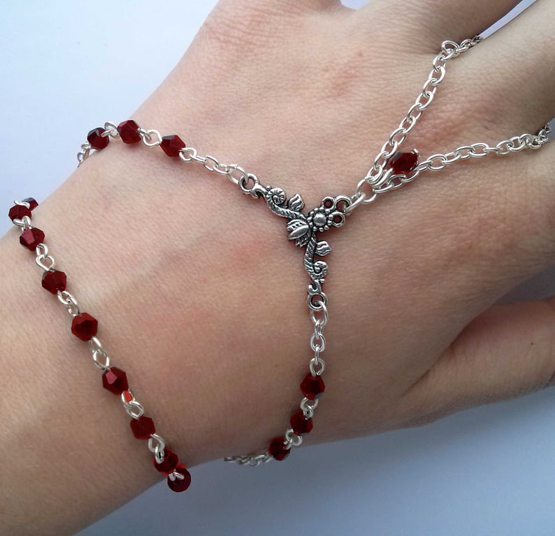 Red Crystal Gothic Hand Chain Silver Plate Bracelet