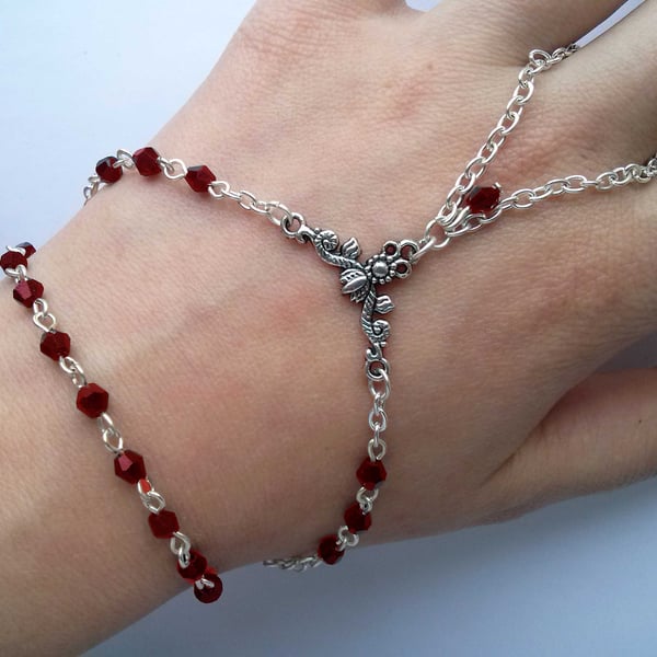 Red Crystal Gothic Hand Chain Silver Plate Bracelet