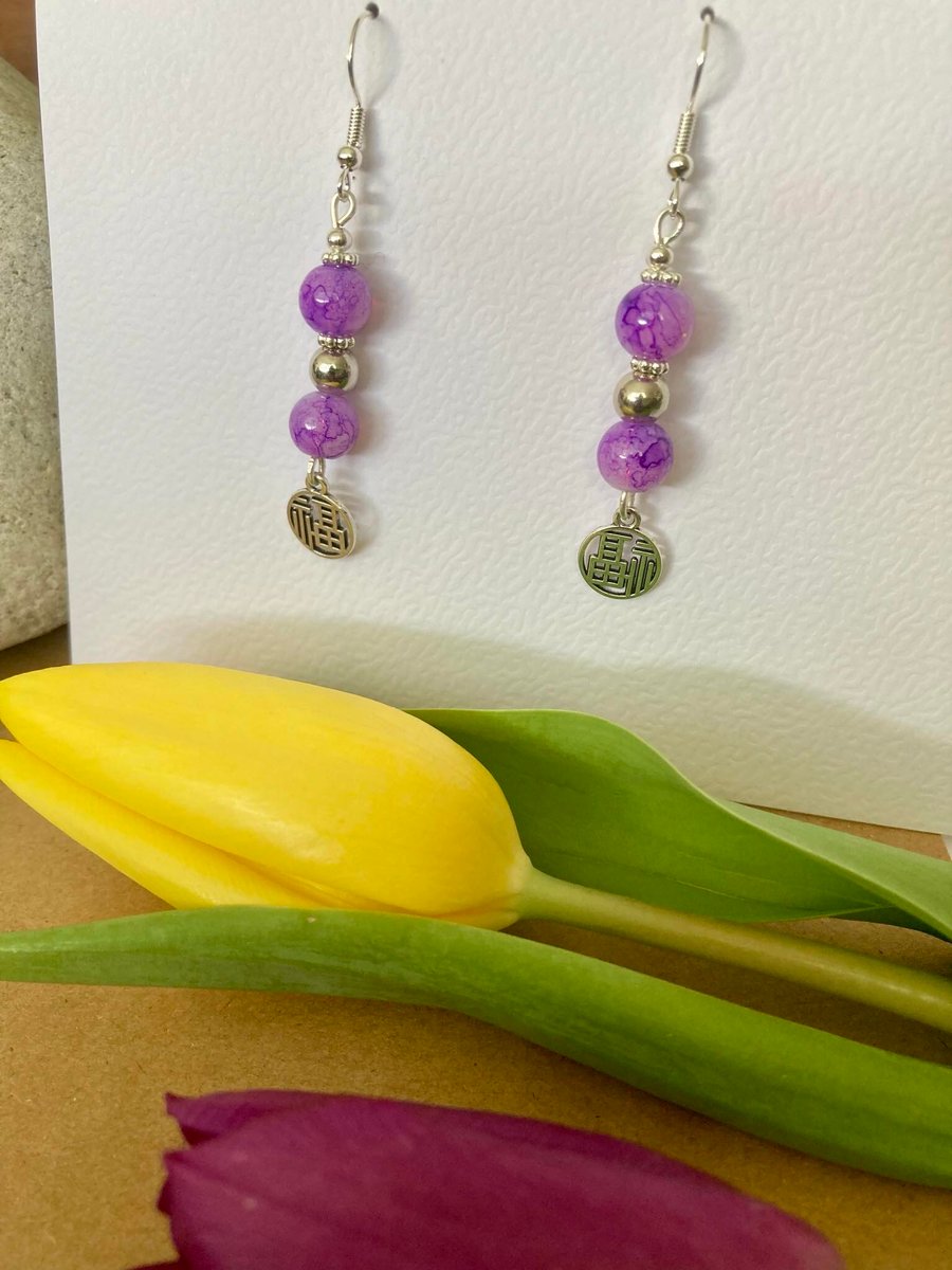 Silver Earrings with Japanese Charm and Purple glass Beads - Boho style, Dangle